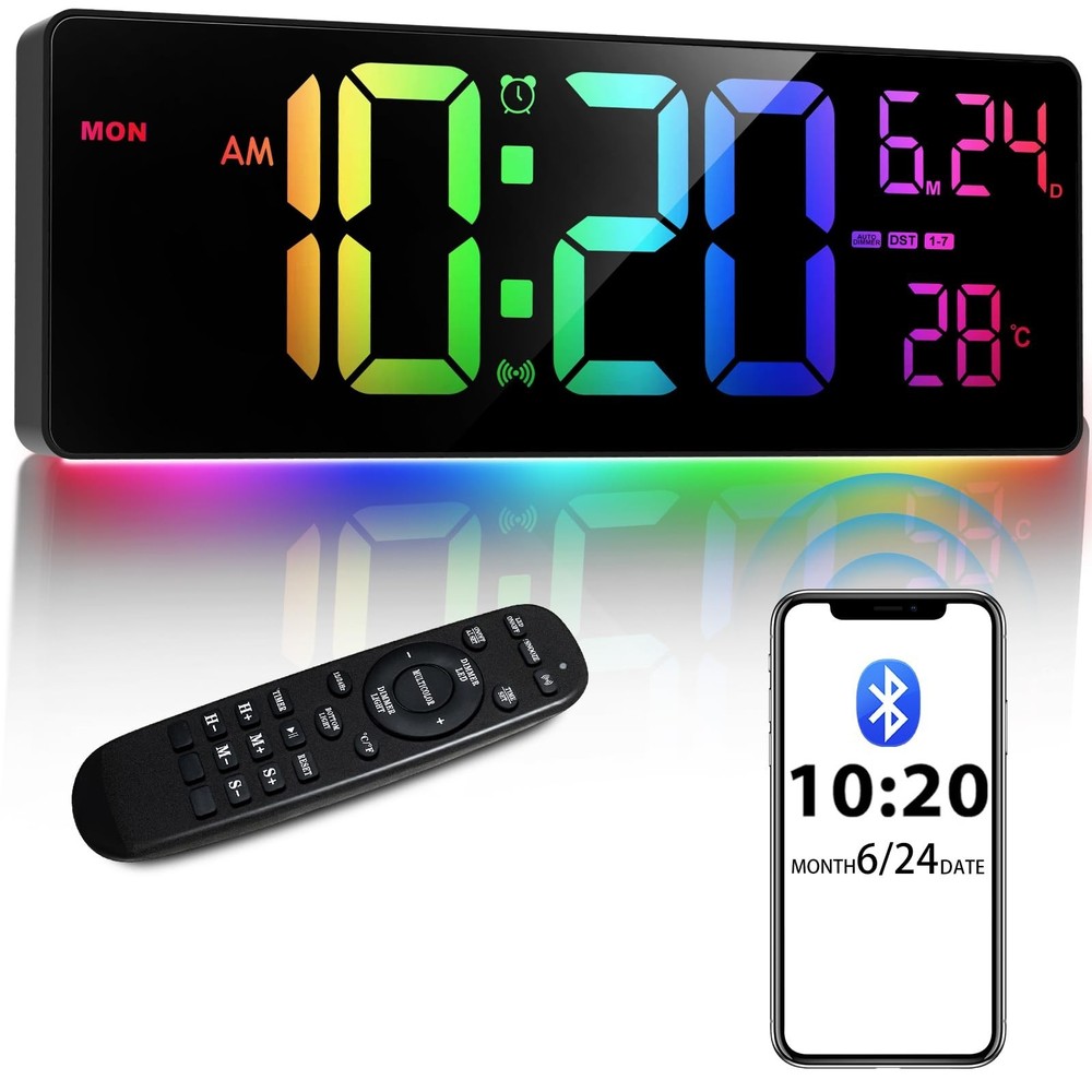 16" Bluetooth Large Digital Wall Clock/Auto Time Sync, 10 RGB Colors Digital ...