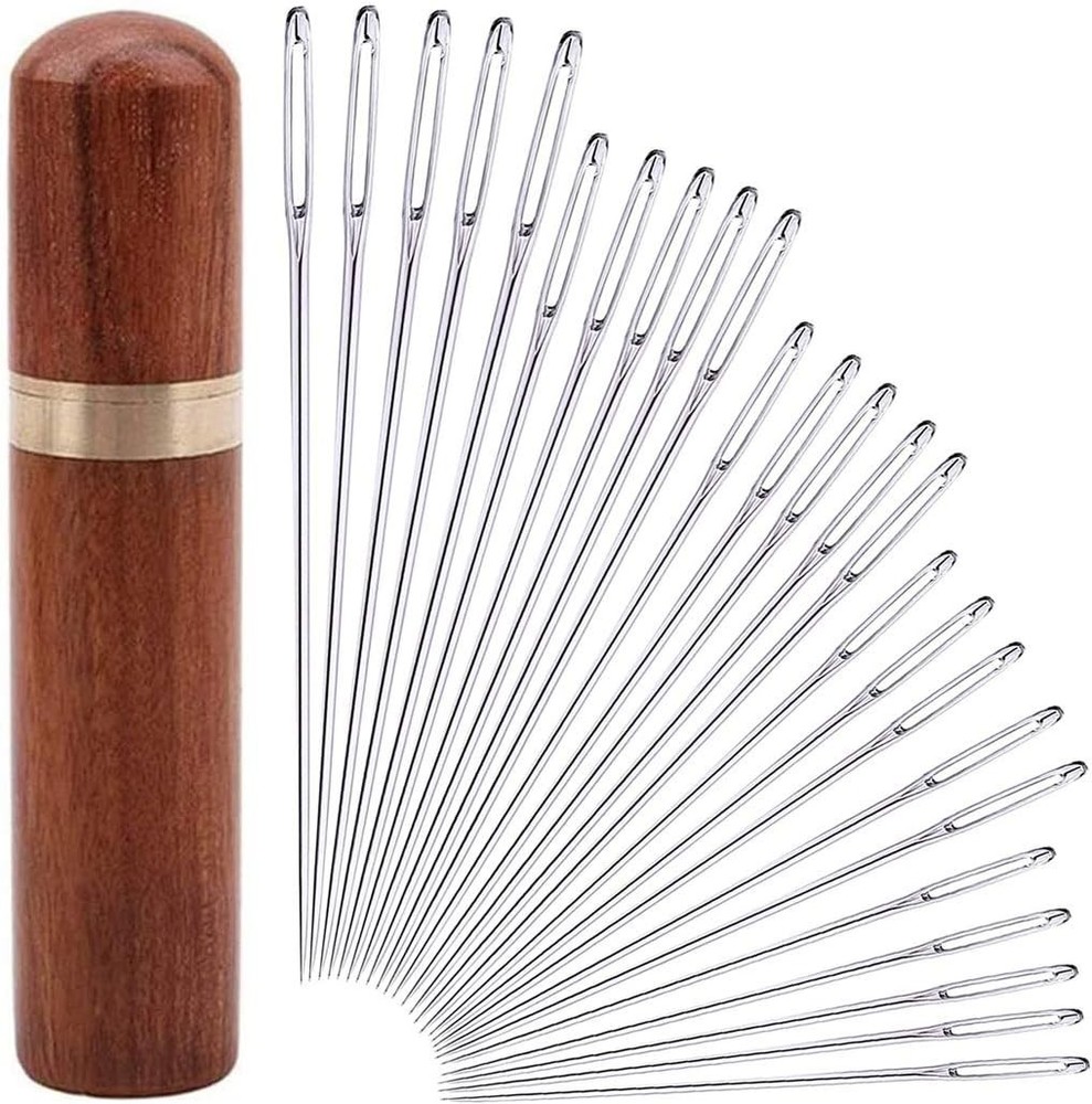 25Pieces Hand Sewing Big Eye Needles Sharp Needle，with Solid Wood Needle Case fo