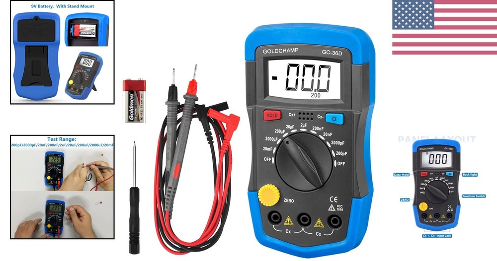 Lightweight Capacitor Tester & Multimeter 200pF-20mF with Data Hold Feature