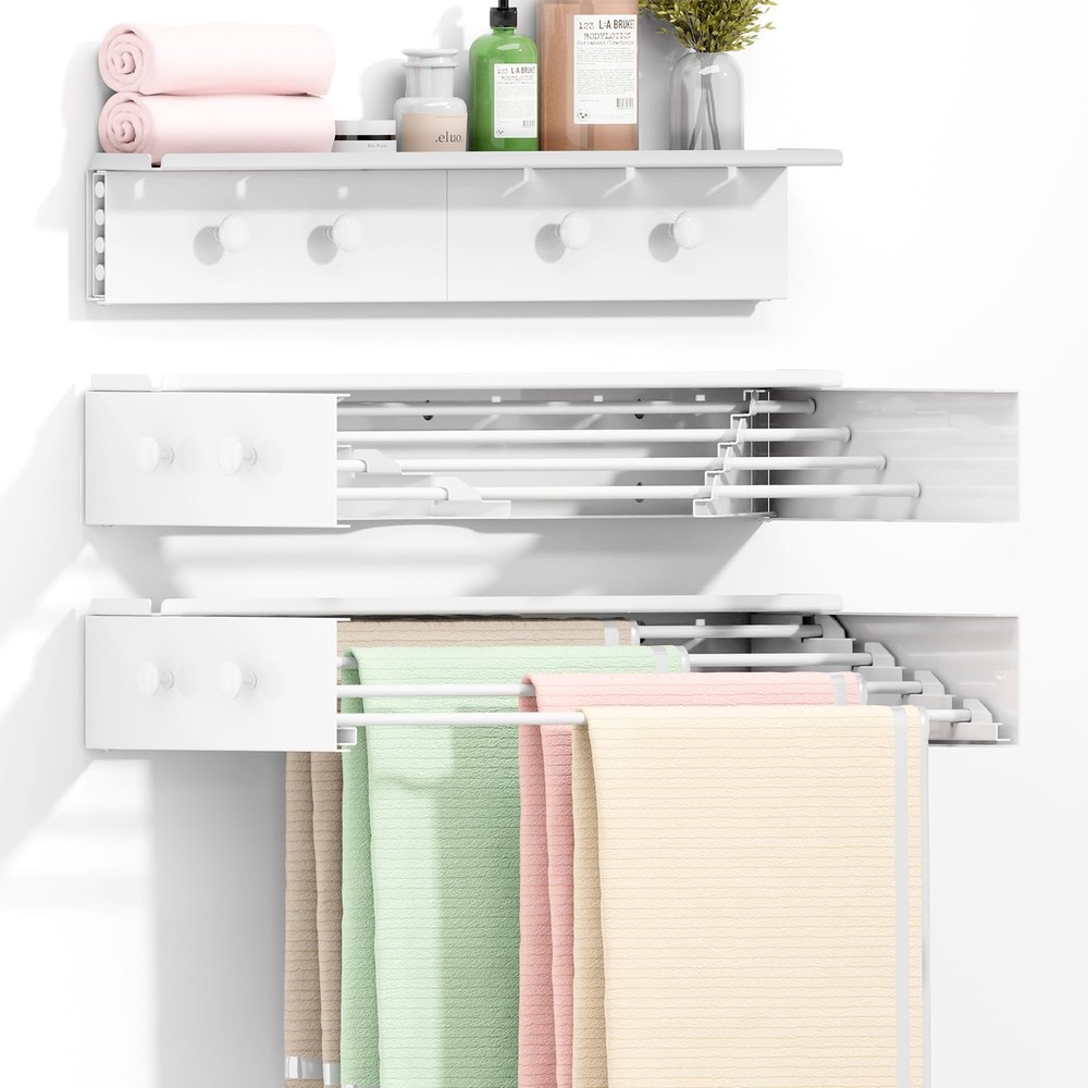 Wall Mounted Drying Rack with 4 Hooks and Shelf, Foldable Clothes Drying Rack...