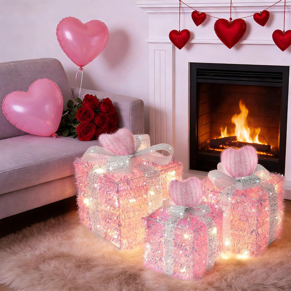 Pink Valentine's Lighted Gift Boxes with Timer, 60 LED, 3 Pack Decor