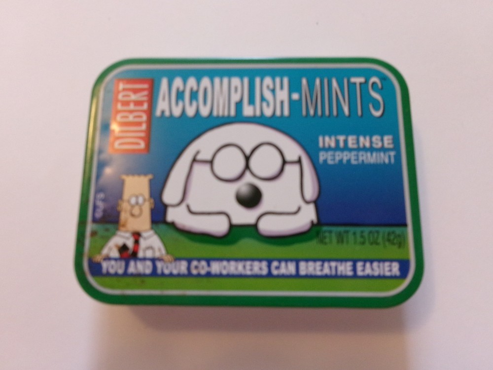 Dilbert Accomplish-Mints Intense Peppermint Mints Canister Metal Tin Box Empty