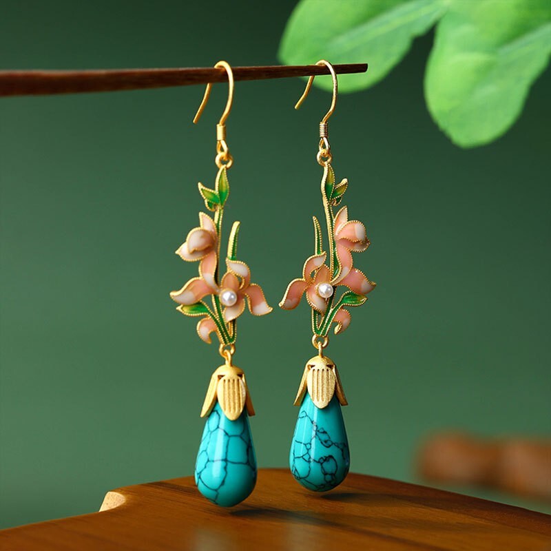 Bohemian Turquoise Drop Dangle Earrings Gemstone Flower Ear Hook 18K Gold Plated
