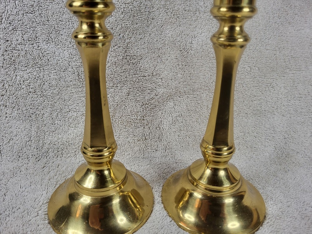 Vintage Solid Brass Hexagon Stem 7/8" Tapered Candlestick Holder Pair
