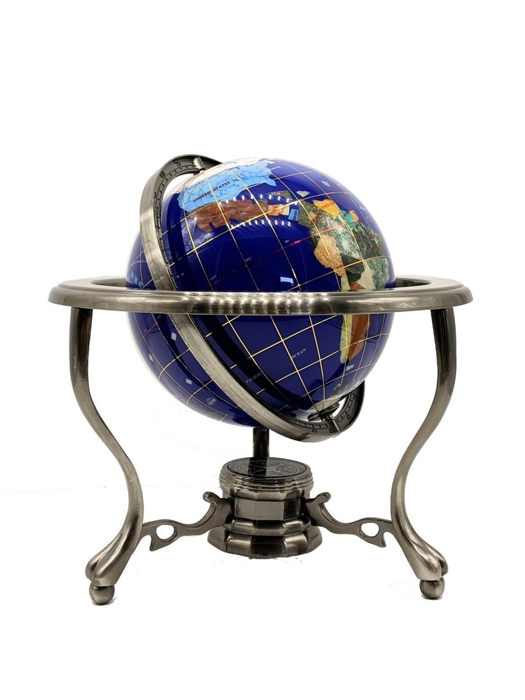 10" Tall Table Top Blue Lapis Ocean Gemstone World Globe with Silver Tripod Std