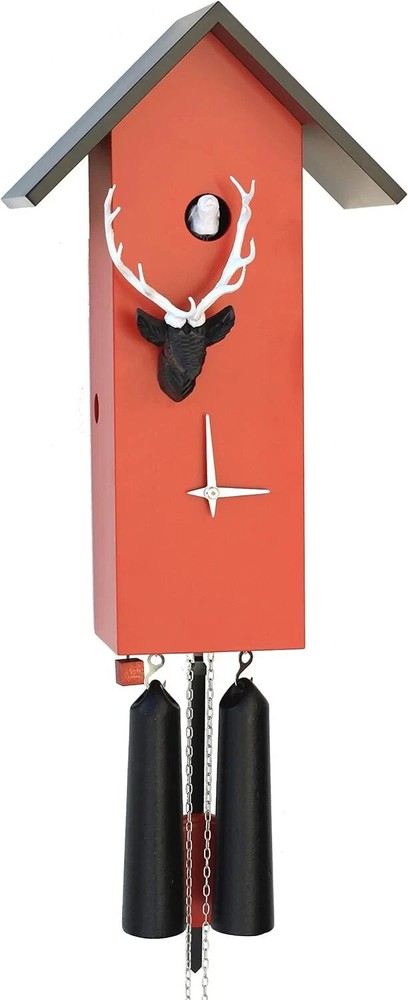 Red Cuckoo Clock with Deer Head, Deer Cuckoo Clock, Handmade Modern Cuckoo Clock