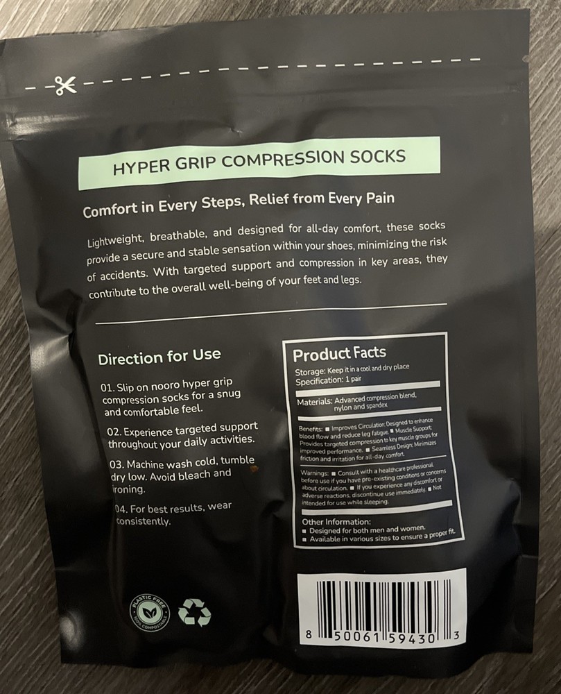 Nooro HYPER GRIP COMPRESSION SOCKS SIZE MEDIUM Black--NEW