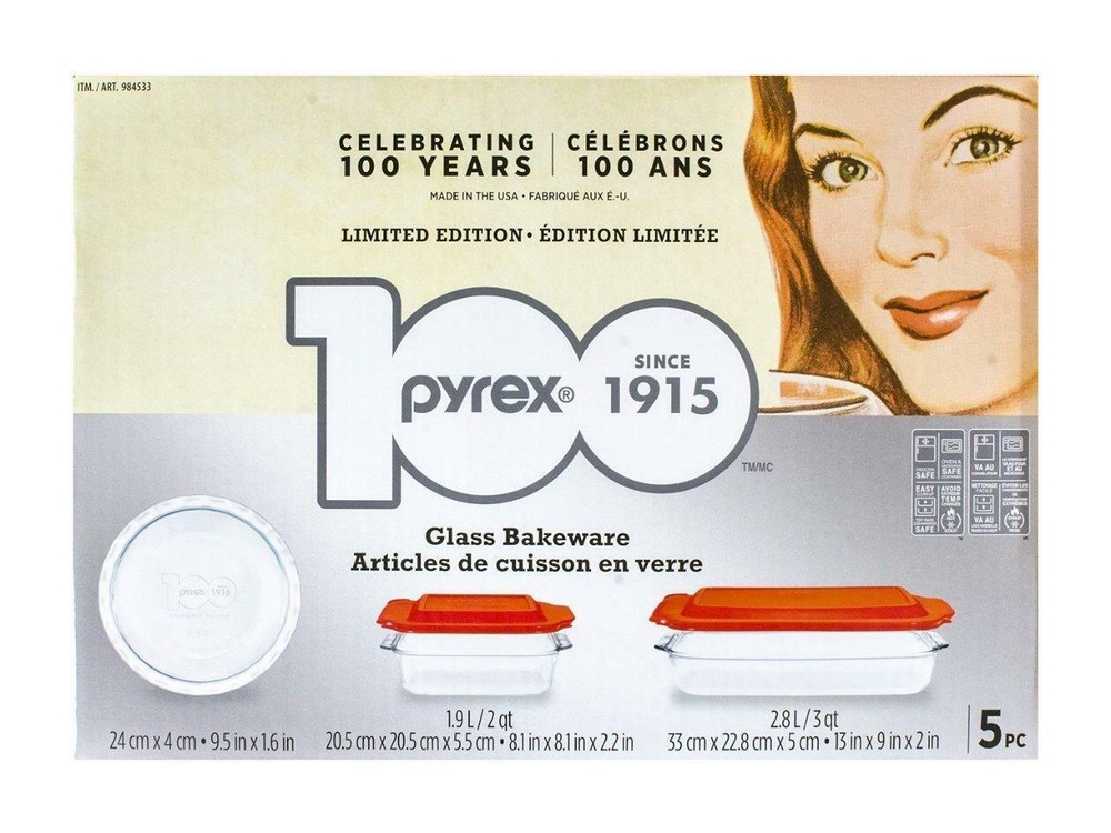 NIOB Pyrex Limited Edition 100 Years Glass Bakeware Set 5Pc
