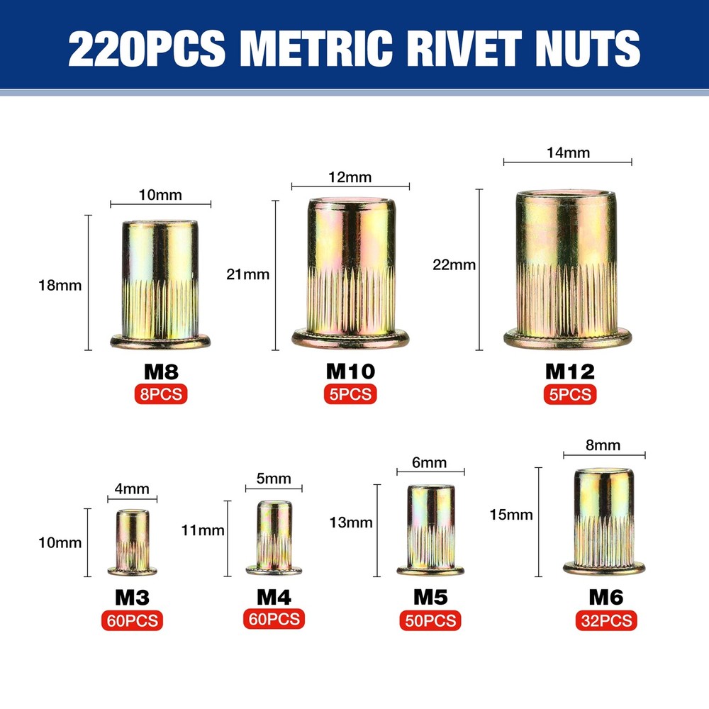 WORKPRO 220PCS Metric Rivet Nuts Zinc Plated Steel Flat Head Threaded Insert Nut