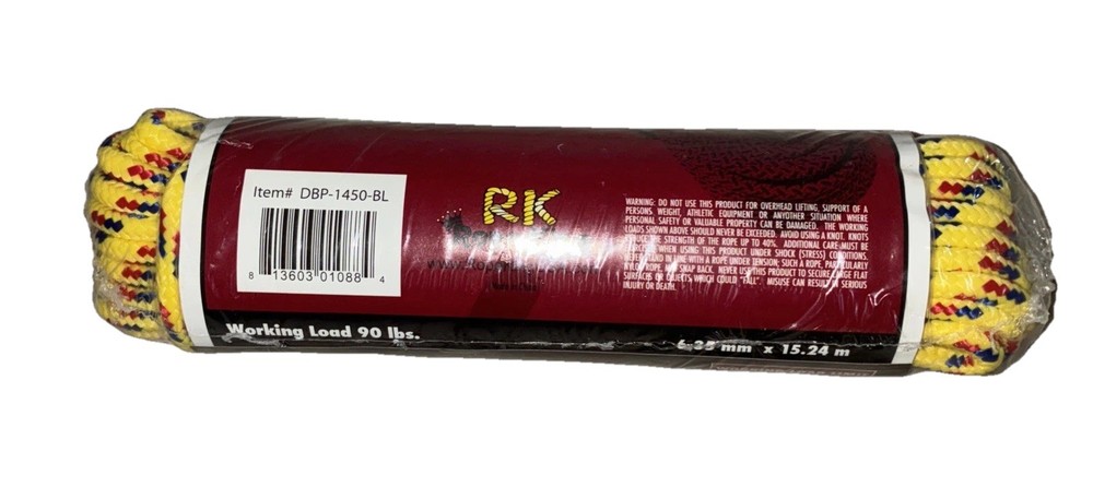 Rope King Diamond Braid Poly Blend Rope 1/4” x 50’ Safe Working Load 90 Lbs NEW