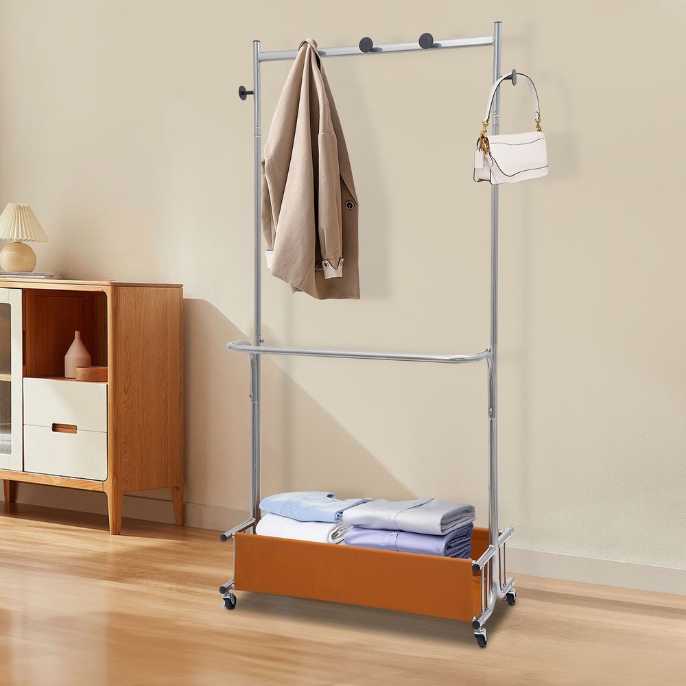 Movable Garment Rack - Modern Silver Iron, Free Standing, 4 Wheels & 5 Hooks