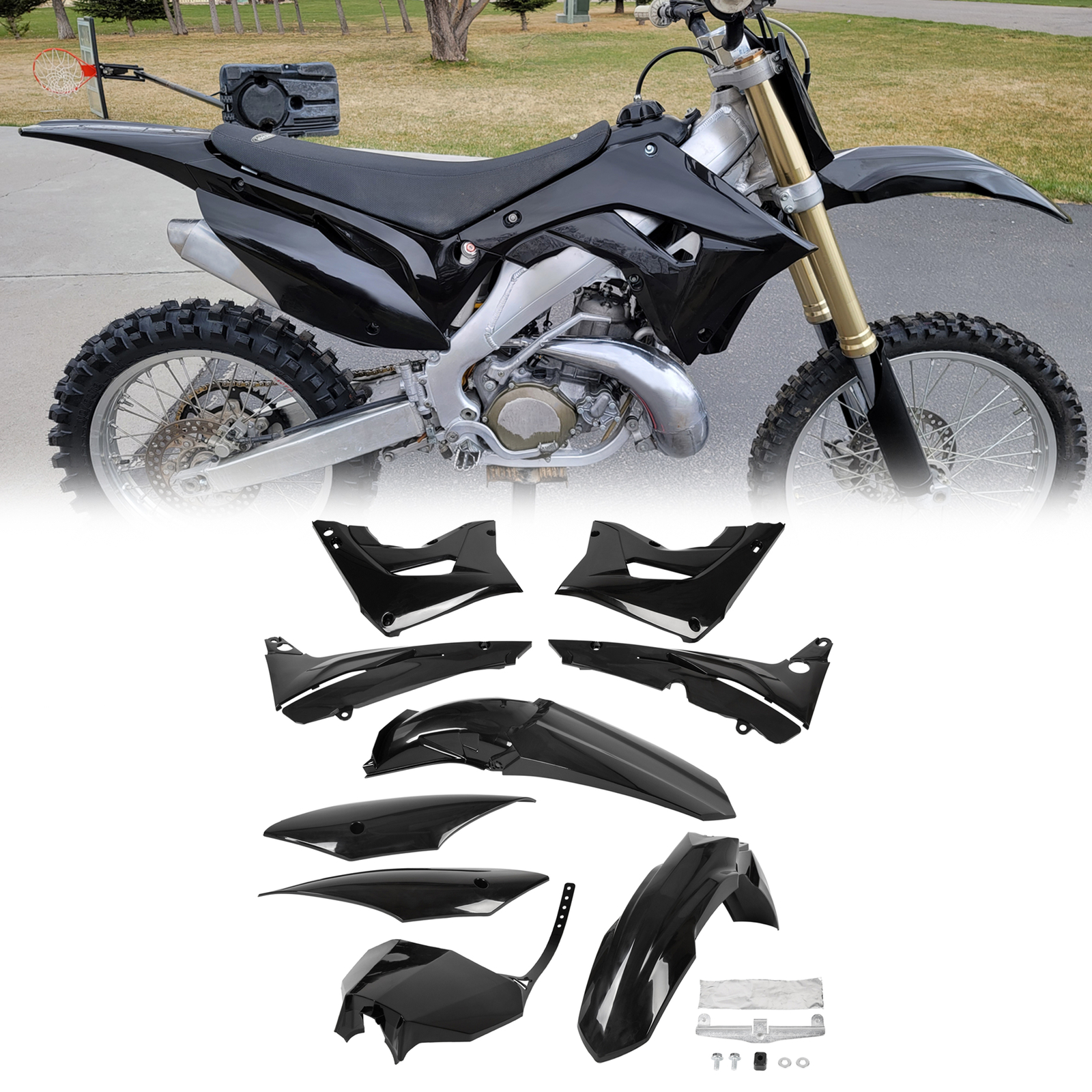 Black Restyle Plastic Body Work Complete Kit For 2002-2007 Honda CR125R CR250R