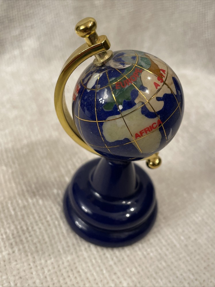 Desktop Globe Semi Precious Inlaid 3.5” Lapis Abalone Pearl EUC