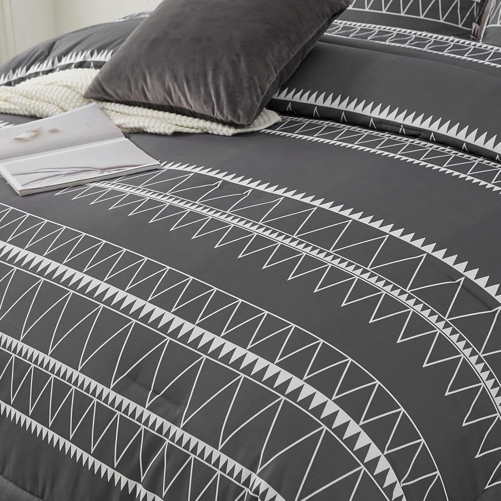 WONGS BEDDING Dark Gray Comforter Set Queen King Reversible Boho Triangle