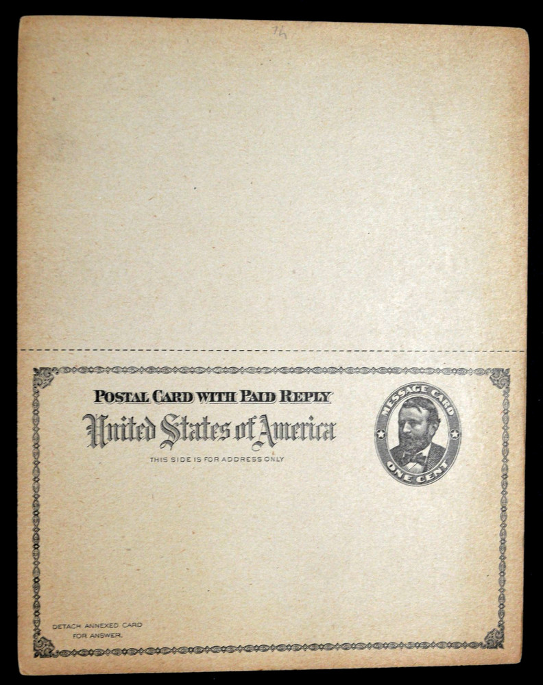 1892 Sc. #UY1 Reply Postal Card, mint, not folded, fair condition