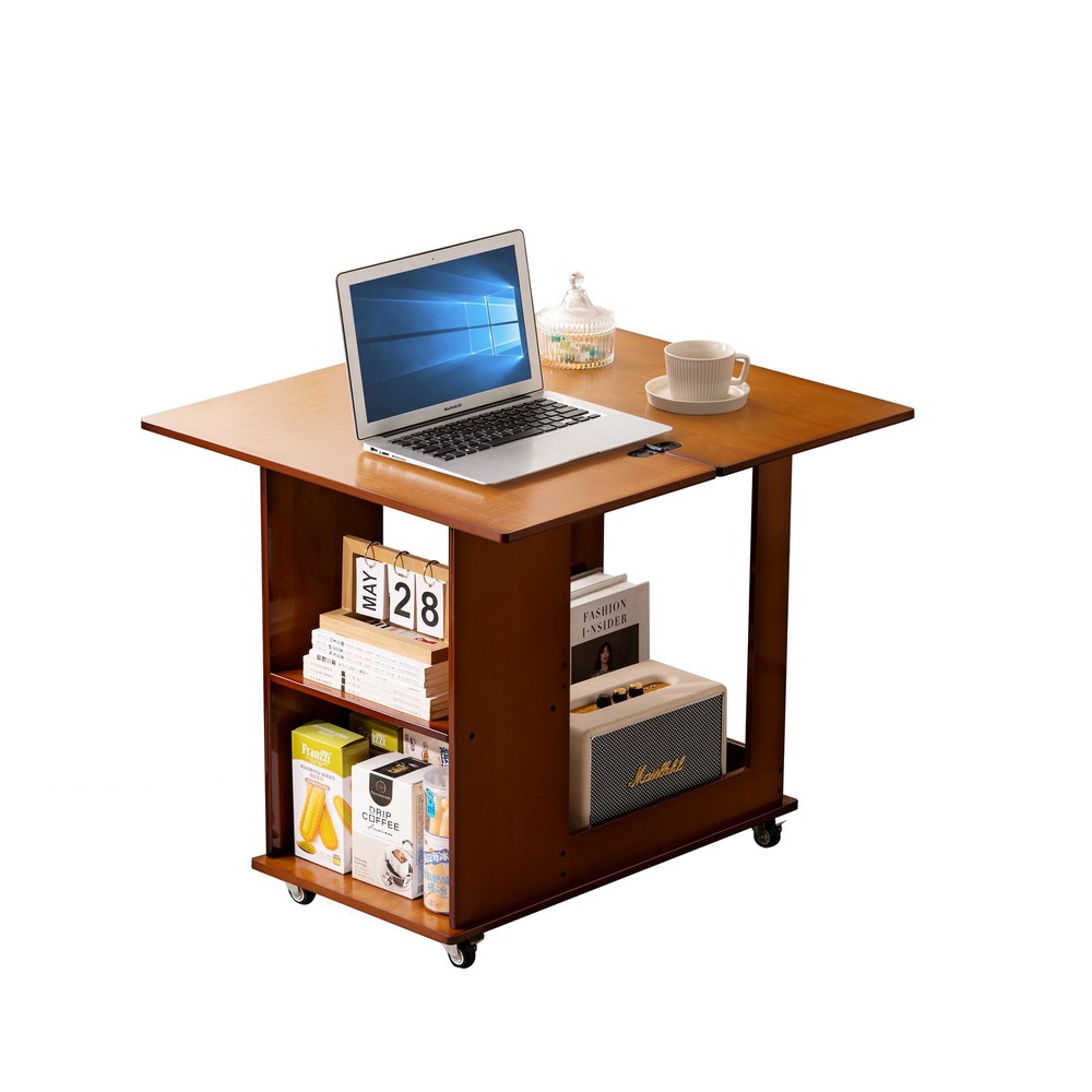 Bamboo folding edge table with movable storage, foldable tabletop suitable for