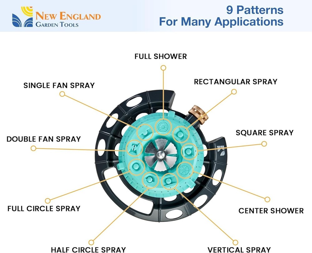 Heavy-Duty Metal Base Multi-Pattern Garden Sprinkler 9 Spray Patterns