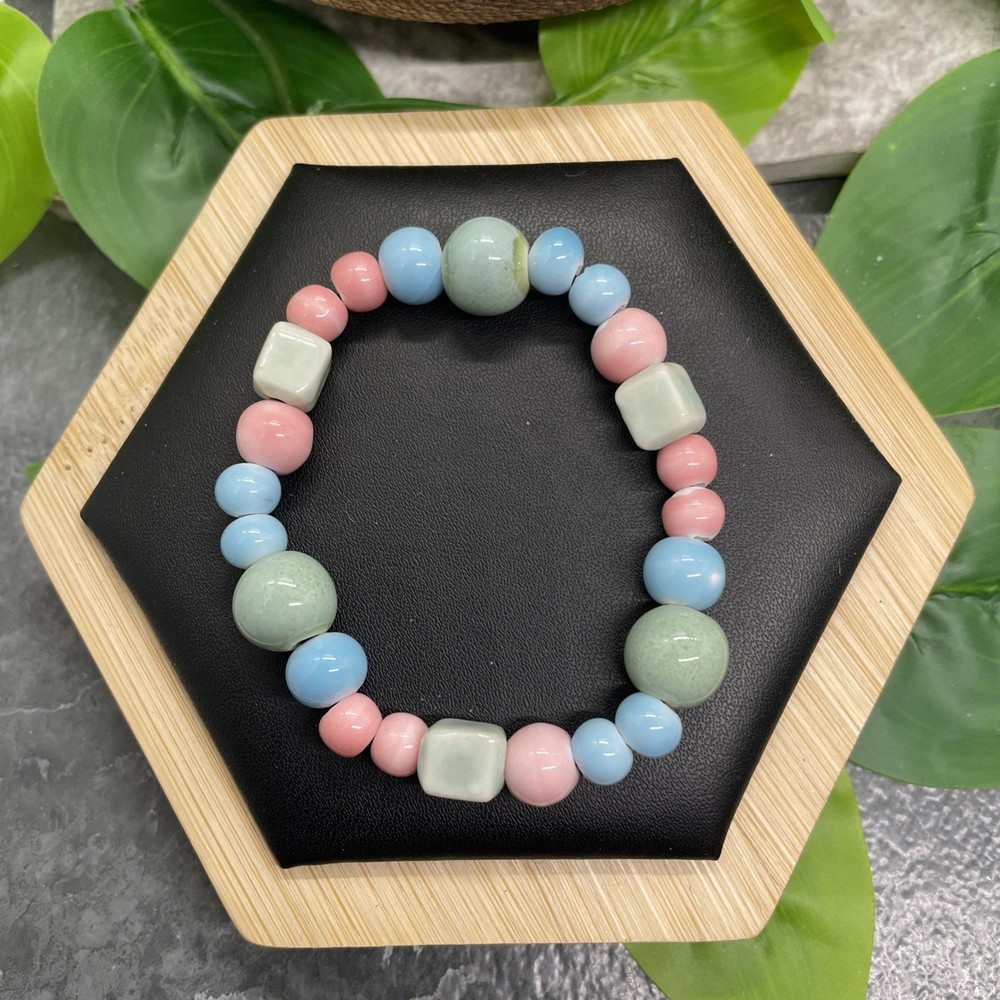 Handmade Ceramic Bead Beaded Stackable 6” Plus Stretch Bracelet New B33