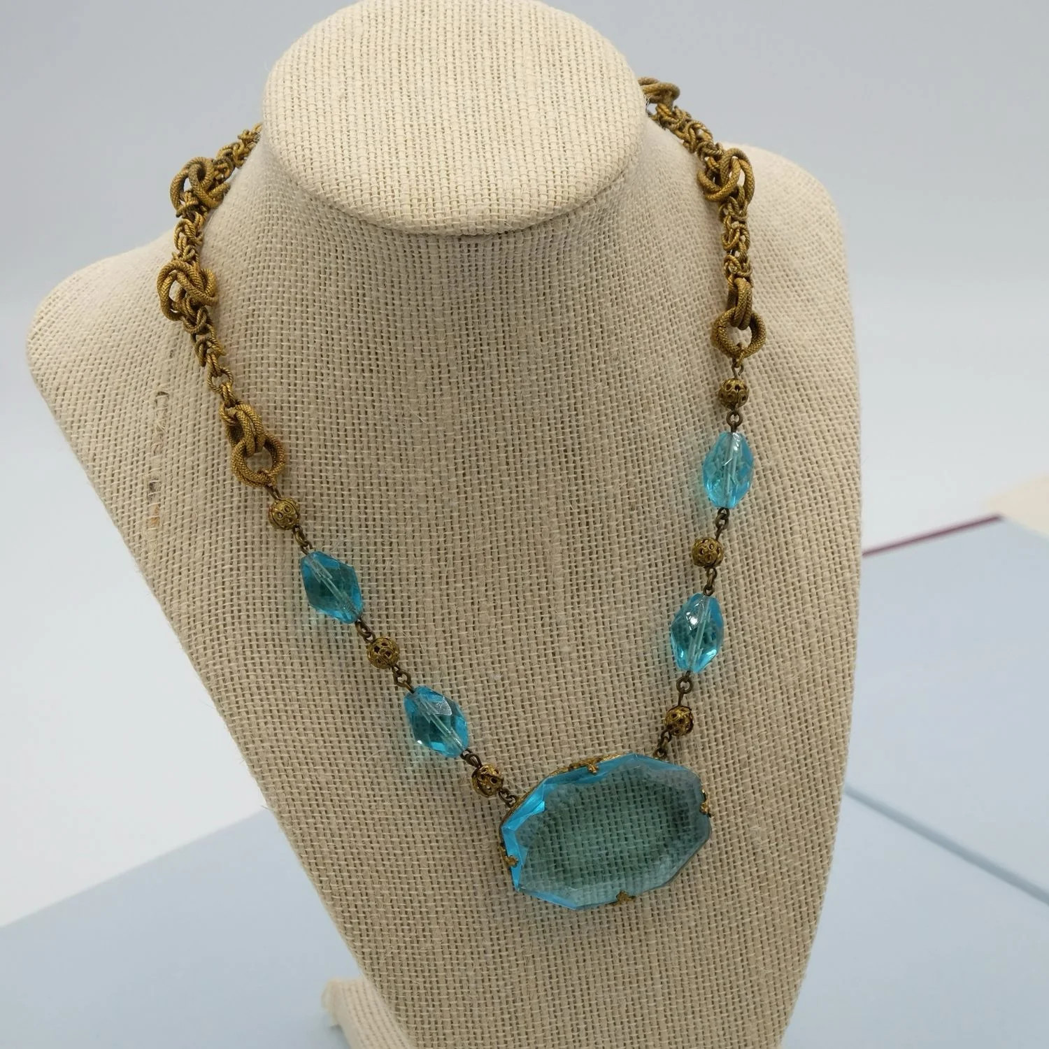 Antique Blue Czech Large Glass Pendant Necklace 1920s