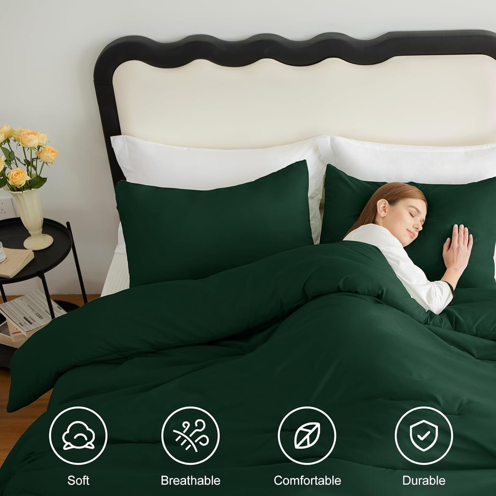 Dark Emerald Green Full Size Comforter Set, 3 Pieces Solid Breathable Quilted Be