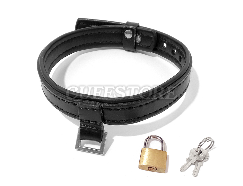 Leather Bondage Collar Square Ring Locking Restraint with Padlock
