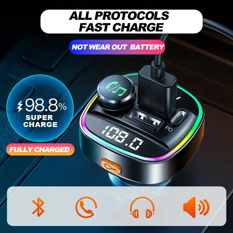 Bluetooth 5.0 Car Wireless FM Transmitter Adapter 2USB PD Charger Lot Hands-Free