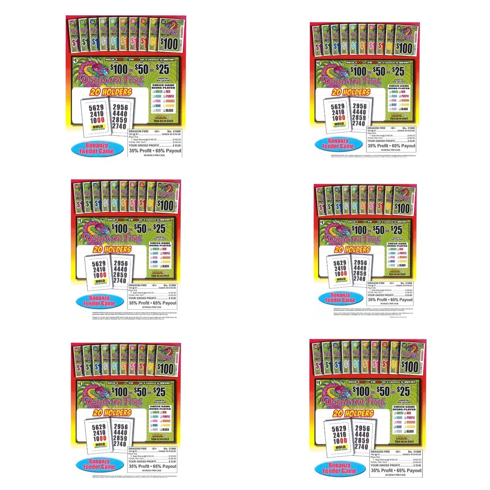 Pull Tab Ticket - Hard Card - Game - 6 Pack Dragon Fire - 153 ct ea