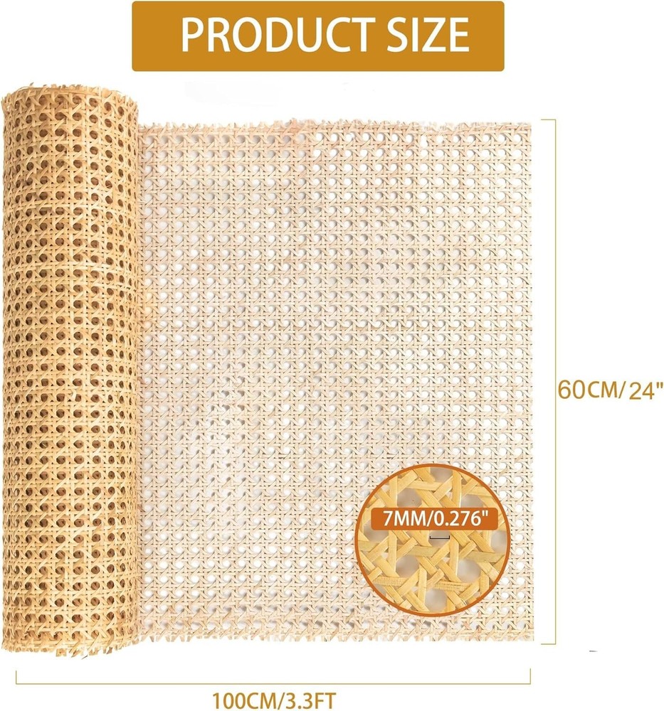 Cane Webbing,24" Width Natural Rattan Webbing Roll 3.3Ft Caning Material with 3/