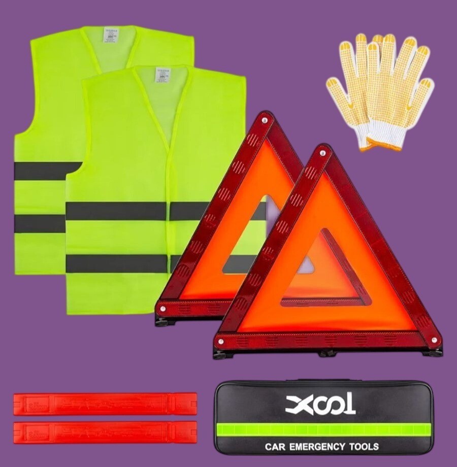 Xool Emergency Warning Triangle Kit Reflective Safety Vests Gloves Storage Bag