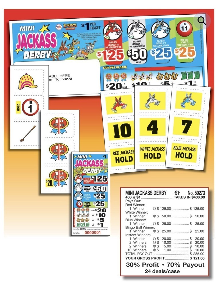 Pull Tab Ticket - Hard Card - Game - Mini Jackass Derby - 406 ct