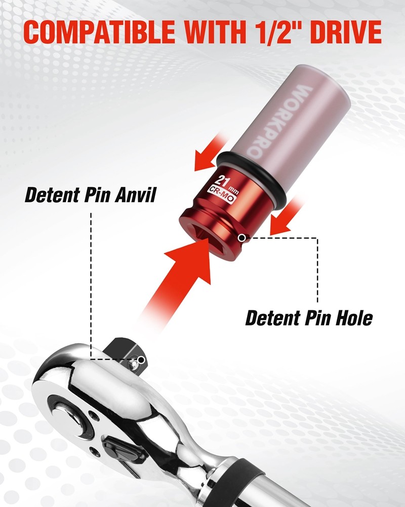 WORKPRO 1/2" Drive Lug Nut Impact Duty Socket 21mm Deep Thin Wall Socket 6 Point