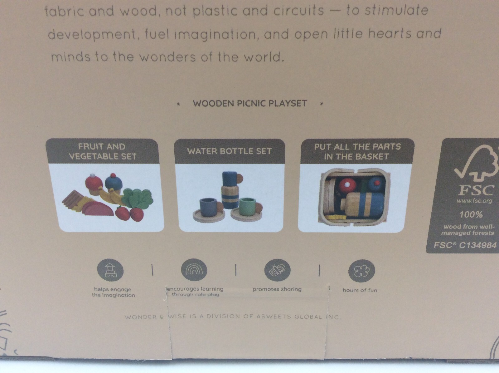 Wonder Wise 29 Pc Wooden Picnic Playset Water Bottle Fruit/Vegetable Set, BNIB