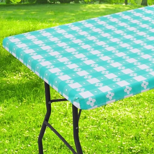 Rectangle Vinyl Table Cloth, Waterproof 60" x 30" (Rectangular) White & Teal