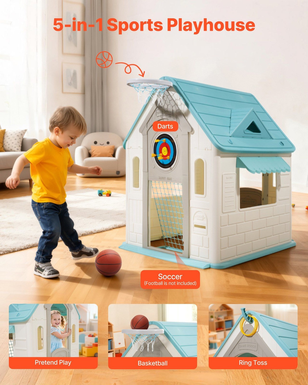 Outdoor Playhouse, 5-In-1 Cottage Play House with Pretend Play, Basketball