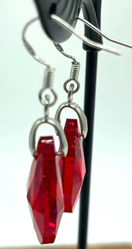 Earrings. Silver tone Large Red Crystals. Hook. 1" drop