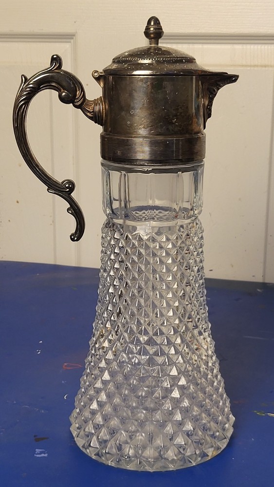 Vintage Crystal Diamond Cut Pattern Pitcher/Decanter Silverplate Hinged Lid