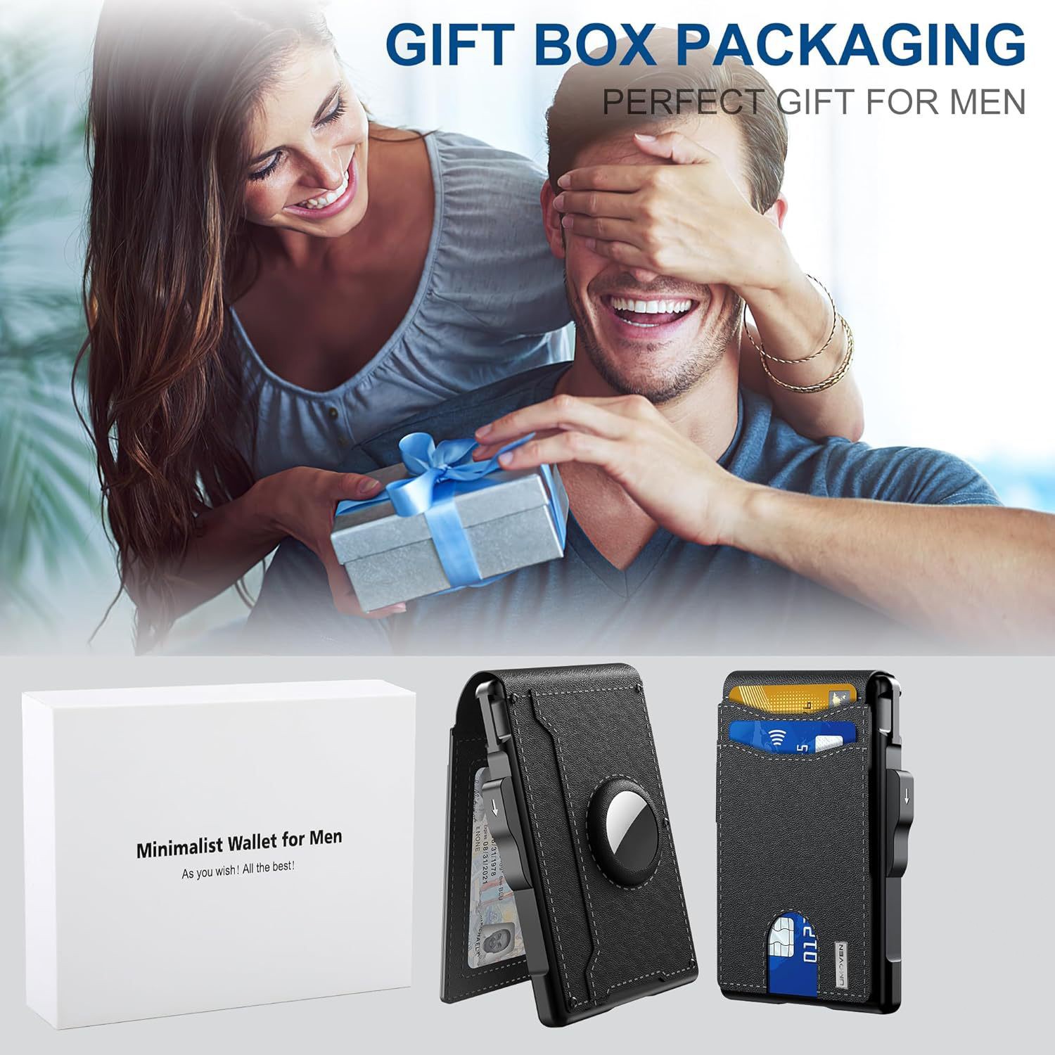 AirTag Wallet for Men - with Pop Up Aluminum Case Money Clip Slim Leather