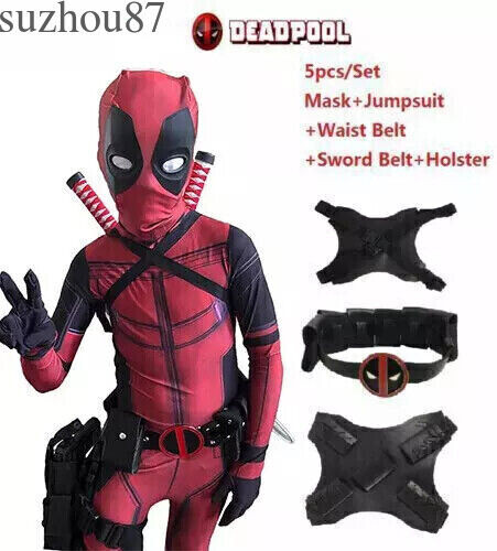 USA Kids Deadpool Halloween Cosplay Costume Jumpsuit Zentai Bodysuit Accessories