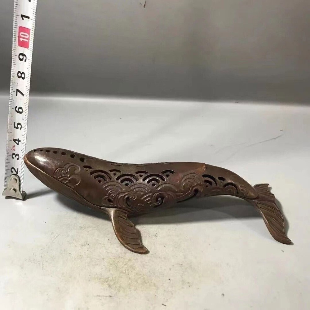 Old Chinese Handmade Red Copper Water Ripple Pattern Fish Shape Incense Burner