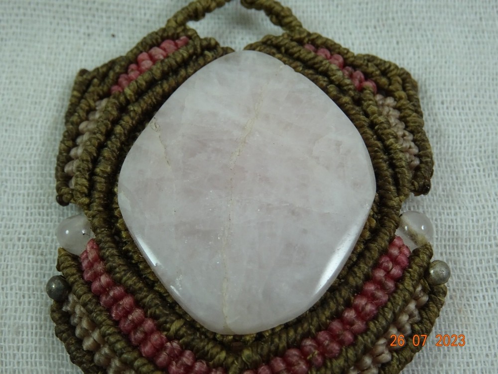 Artisan Oval Pink Topaz Stone Macrame Setting Statement Necklace 27' adjustable