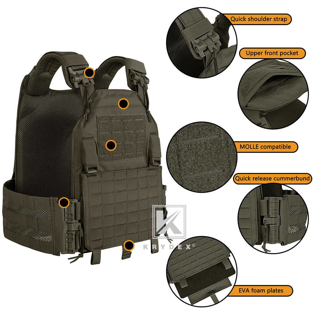 KRYDEX Plate Carrier Tactical Vest Quick Release & Laser Cut MOLLE Panel w/ Clip