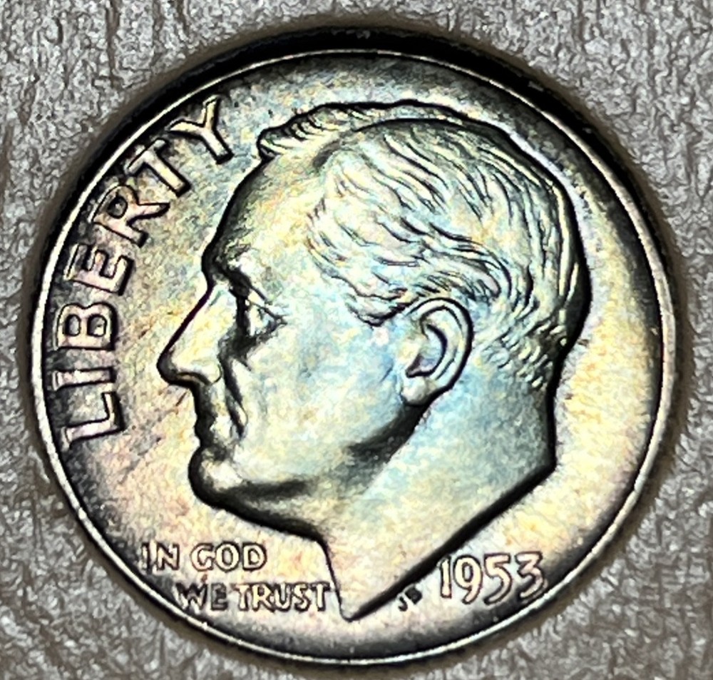 1953 Roosevelt Silver Dime Rainbow Toning Uncirculated