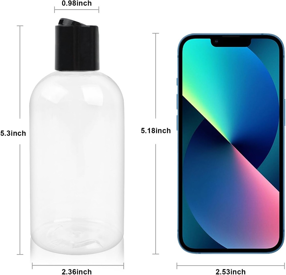 6 Pack 8 oz Empty Plastic Bottles with Black Disc Caps Reusable Clear Leak-Proof