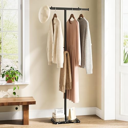 Coat Rack Freestanding Marble Base Adjustable Width T-Shaped Heavy Duty