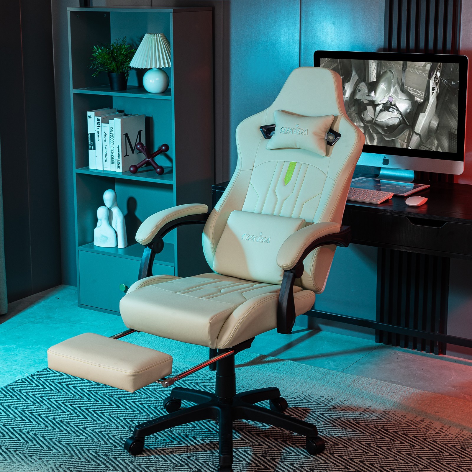 Gaming Chair with Footrest Ergonomic Computer Chair Massage Lumbar Cushion