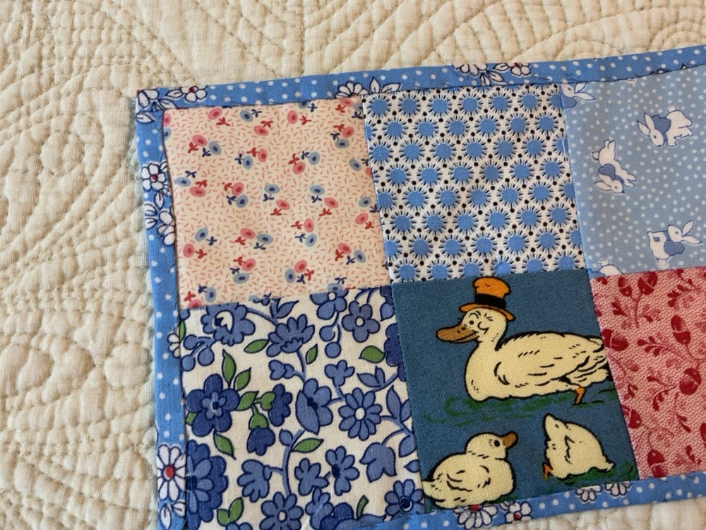 Vintage Patchwork Quilt Small Table Topper, Four Patch, Florals, Calicos