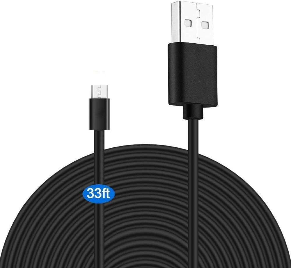 33Ft Micro USB Power Extension Cable for Security Cameras  with Cable Clips