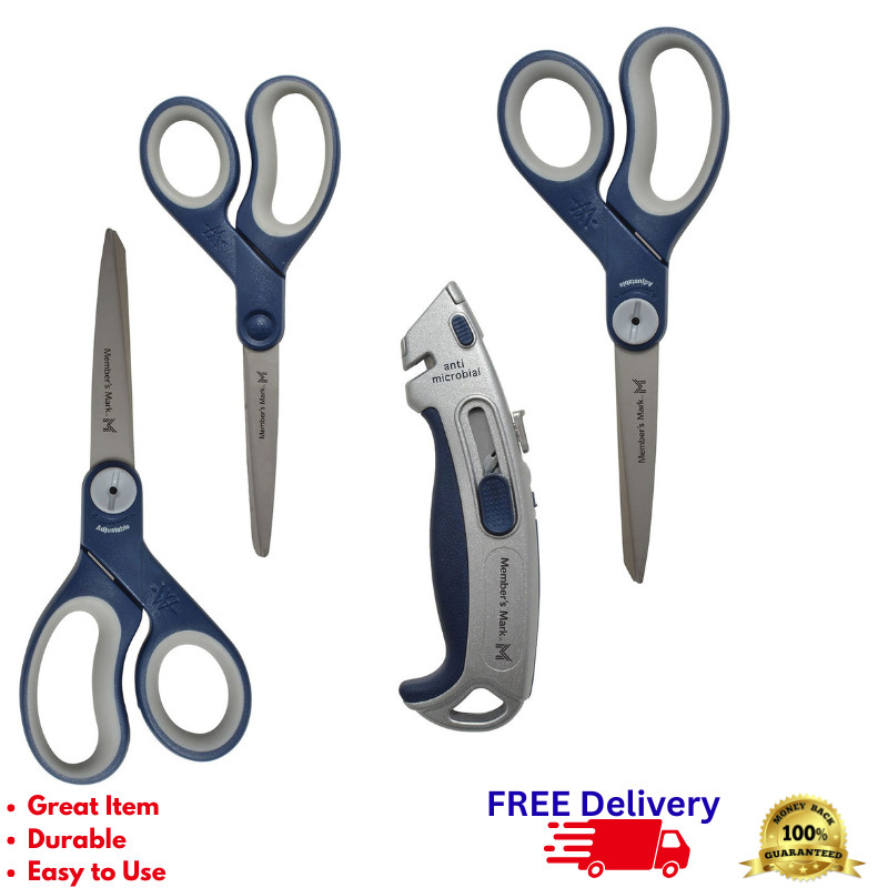 8pc Titanium Scissors & Box Cutter Set Anti-Microbial Adjustable Tension New