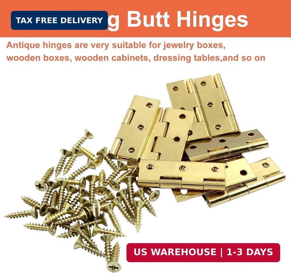 Piutouyar 8 Pack Butt Hinge 1.5 Inch Mini Solid Brass Hinges for Small Cabinet,