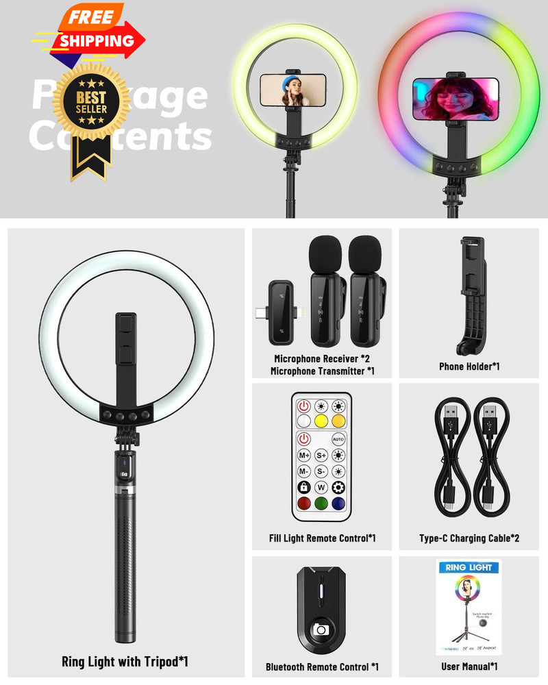 Yeaki Vlogging Kit for iPhone/Android - 10" Selfie Ring Light with 74"...